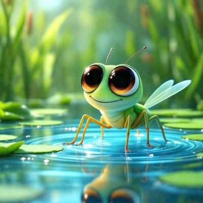 The primary subject of the image is a green insect, possibly a grasshopper or a dragonfly, standing in a body of water. The insect appears to be smiling, giving it a friendly and cheerful appearance. The setting is a lush green environment, with grass and water visible in the background. The visual style of the image is a combination of photo and digital art, creating a vibrant and engaging scene. The colors and mood of the image are predominantly green, with a sense of tranquility